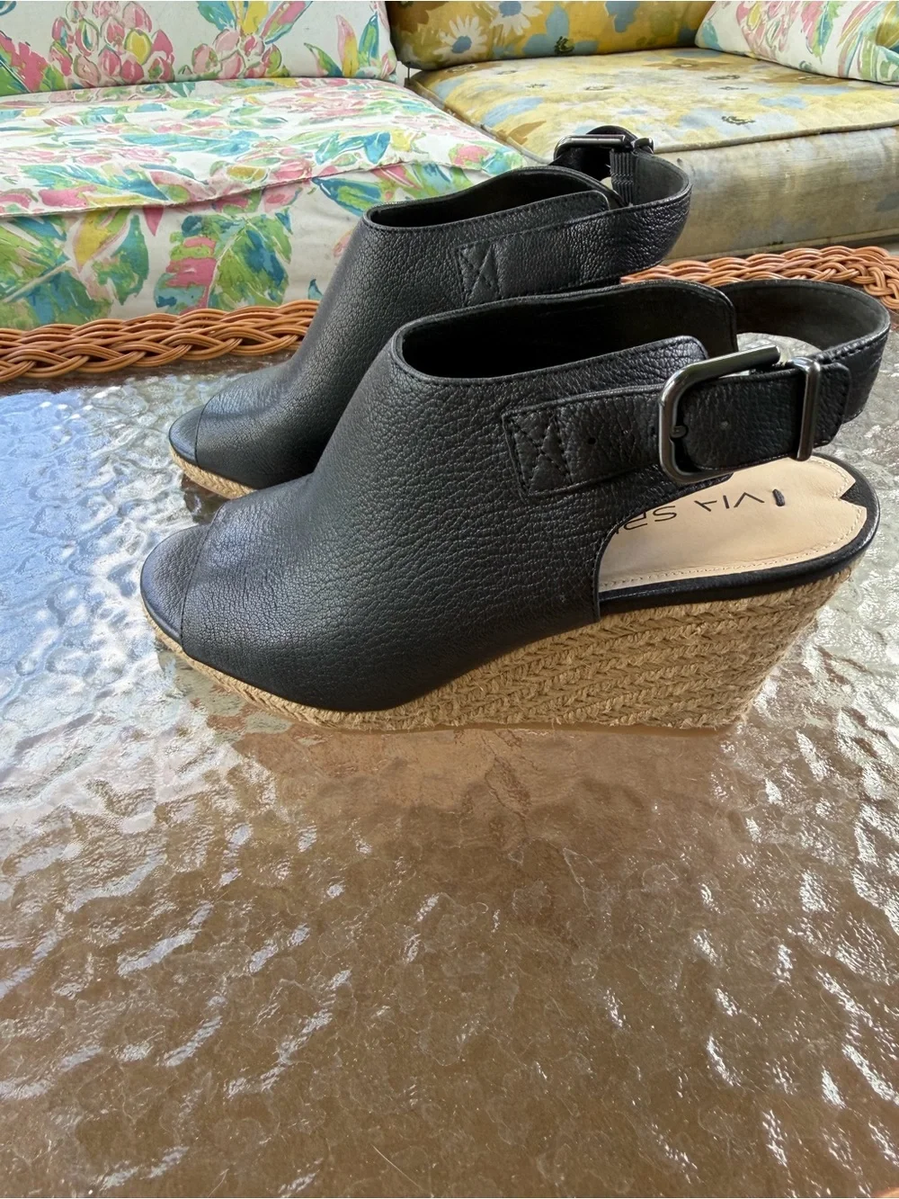 Via Spiga Ingrid Black Leather Espadrille Wedge Sandals US 7
